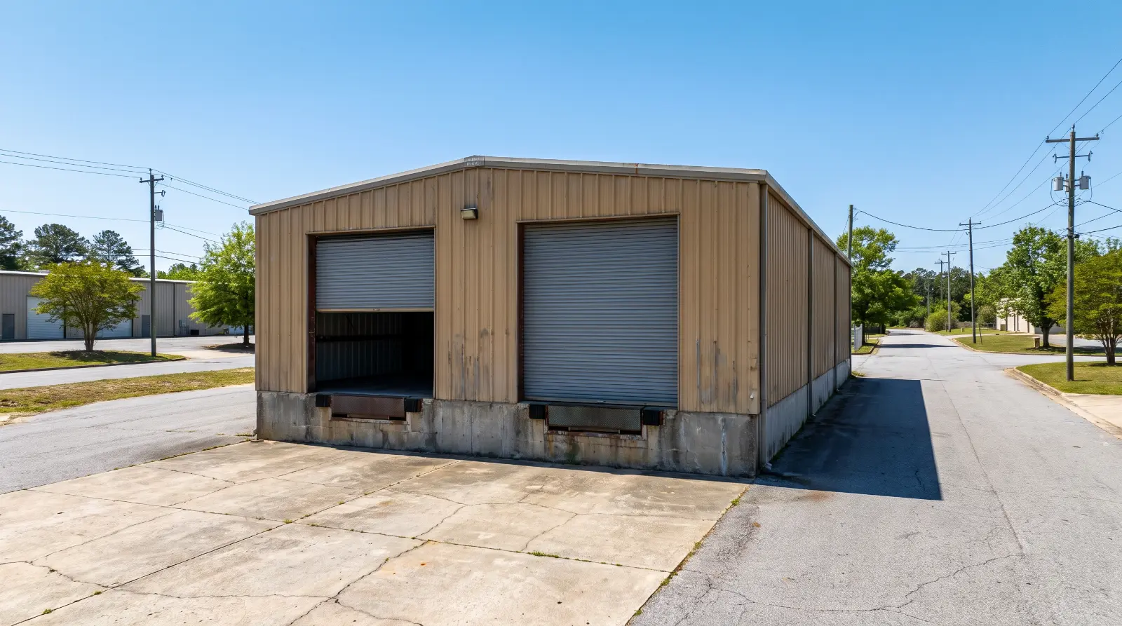 Commercial building with rolling steel roll-up doors