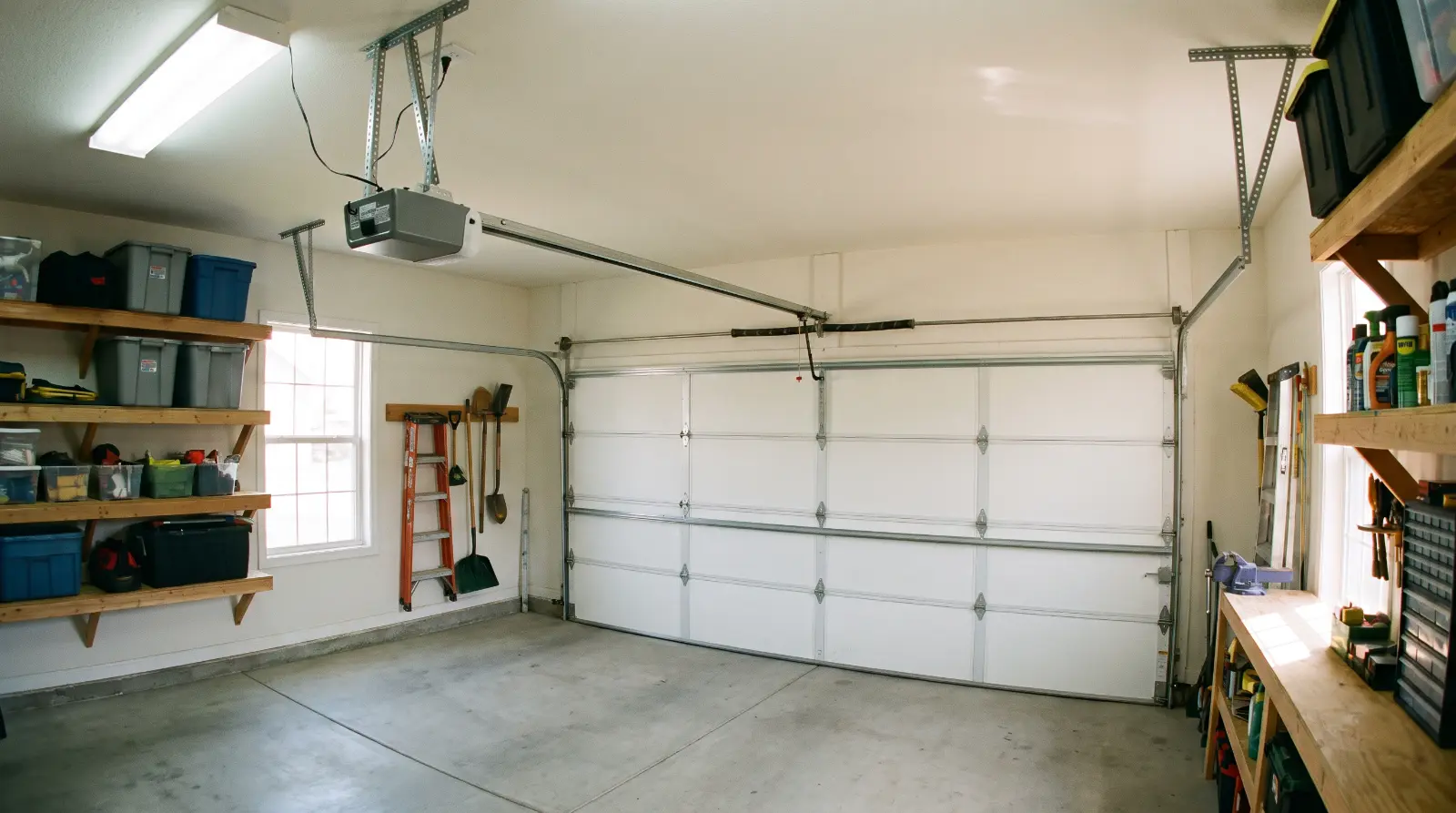 Ceiling-mounted belt-drive garage door opener and rail in a two-car garage